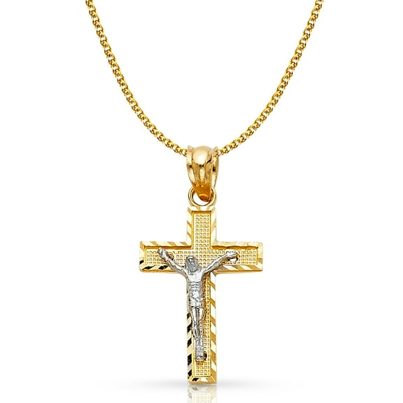 Ioka-14K Two Tone Gold Jesus Crucifix Cross Pendant with 1.4mm Flat Open Wheat Chain Chain Necklace - 16"