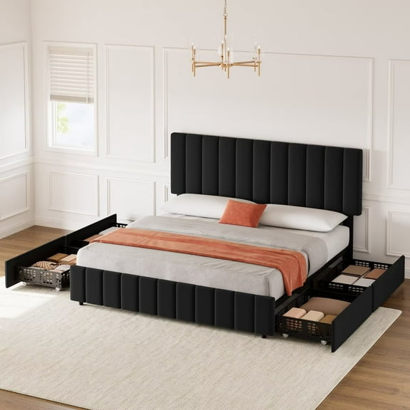 Full Size Bed Frame with 4 Storage Drawers, Linen Upholstered Platform Bed Frame with Adjustable Headboard & Wooden Slats Support, Black