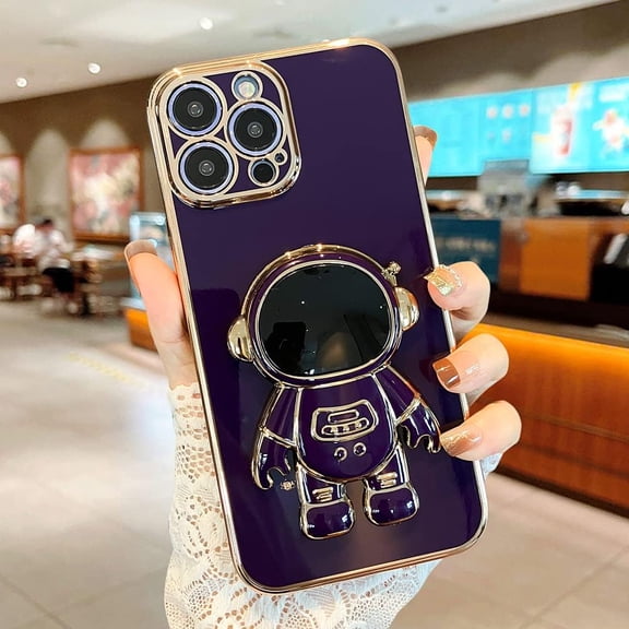 Compatible with iPhone 15 Pro Case 6D Plating Astronaut Hidden Stand Case for Women, Astronaut Folding Bracket Kickstand Soft TPU Shockproof Bumper Phone Case for 15 Pro 6.1", Deep Purple