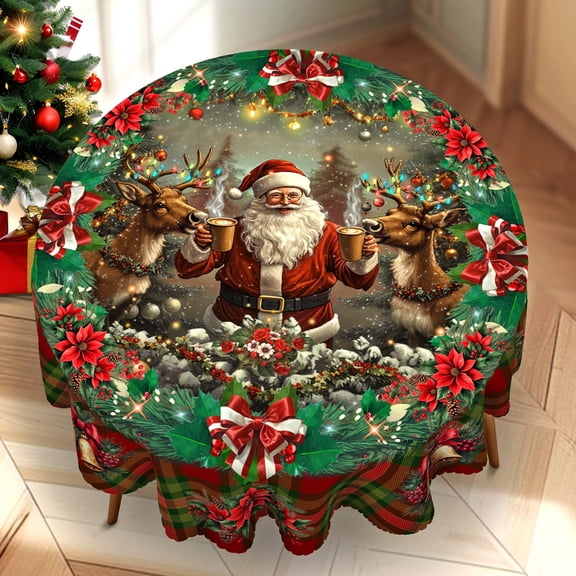 KOPOEELK Plaid Santa Reindeer Round Tablecloth, 60 in Round Christmas Dining Decor