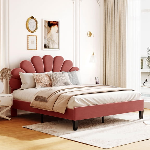 Bed Frames Queen Size Upholstered Platform Bed with Flower Pattern Velvet Headboard, Bean Paste Red,Adjustable Bed Base