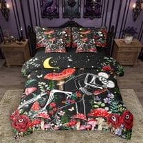 Homewish Red Rustic Mushroom 7-Piece Bedding Comforter Set,Gothic Skull Skeleton King Bedding Sets,Colorful Country Floral Bed Sheets For Girls Kids,Luxury Bedroom Decor Reversible