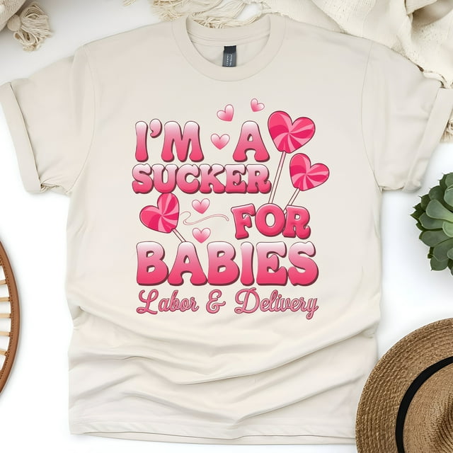 Labor and Delivery Nurse T-Shirt with Funny Baby Lollipop Design, Natural, Size XL