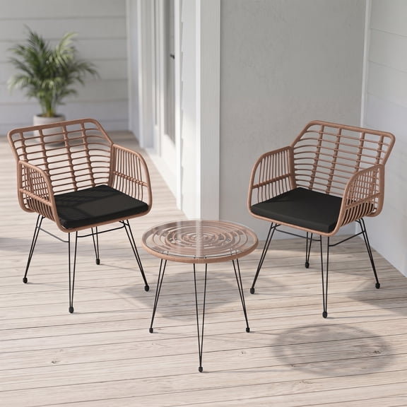 LOGYAT Set 3 Piece Wicker Patio Bistro Furniture ,2 Rattan Chairs Glass Top Table Natural for Porch Outdoor Backyard Apartment Balcony, Brown