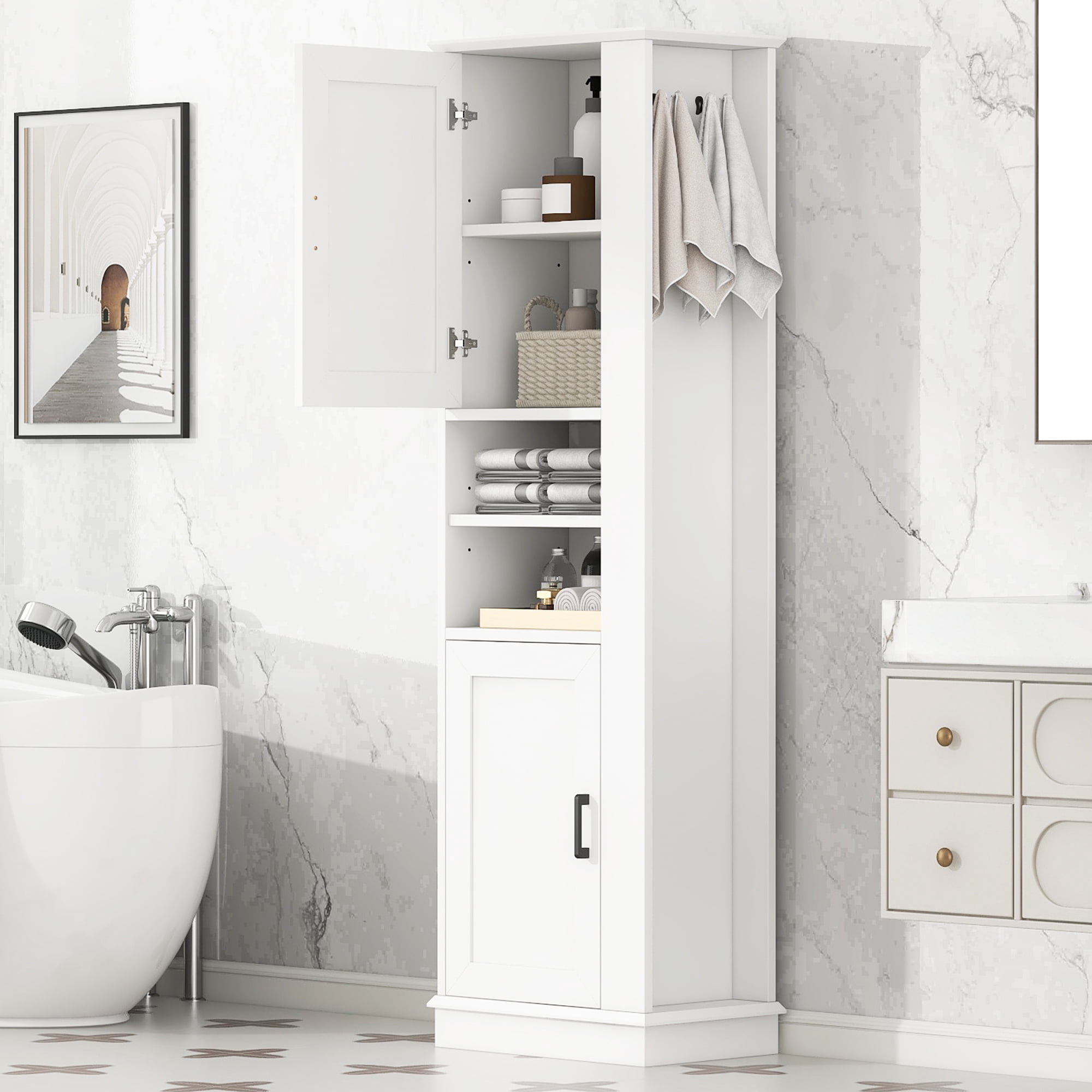 HOQBN 69"H Tall Bathroom Storage Cabinet,Freestanding Storage Cabinet with Hook & Adjustable Shelf for Bathroom, Living Room, White