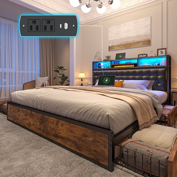 EnHomee Queen Size Bed Frame with 4 Drawers  Meatal Platform Bed Frame with Headboard Upholstered Bed Frame with Storage Bookcase & Charging Station & LED Light