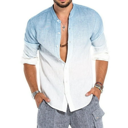 shirts casual linen sleeve cotton gradient buttons collar tops stand