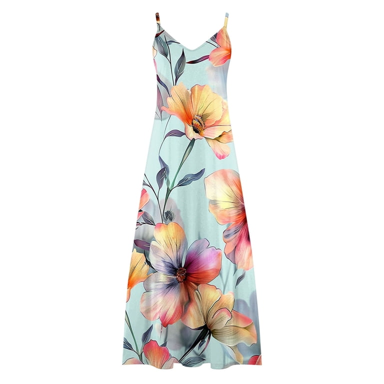 Ayolanni Sun Dresses Women Vacation V-Neck Blue Sleeveless Floral Print Maxi Dresses House Dresses for Older Women S