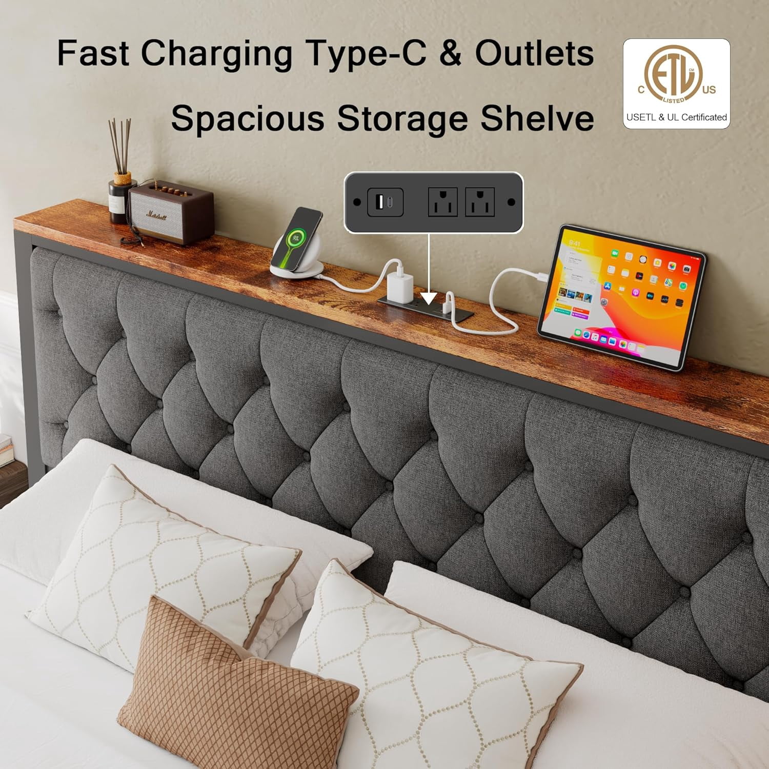 Honfach King Bed Frame with Storage Drawer, Metal Platform Bed with Charging Station, Upholstered Button Tufted Storage Headboard, Grey
