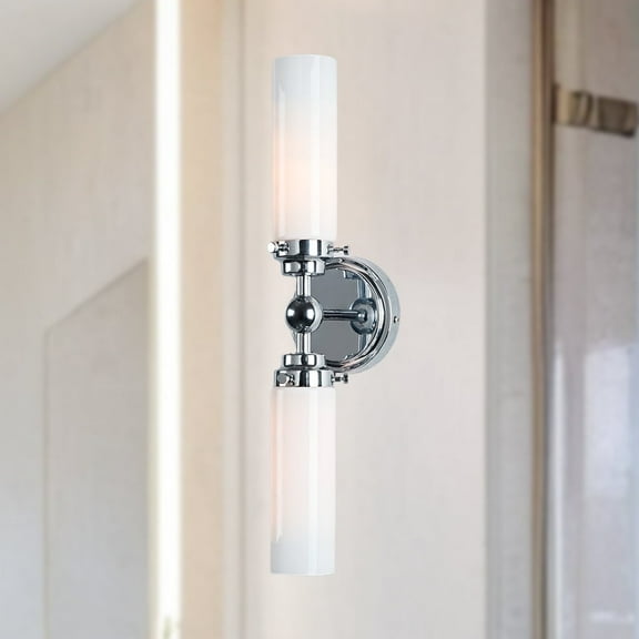 Minimalistt Double Tube Brushed Nickel Metal with Milk Glass Shade Vanity Light, Contemporary Wall-Mounted Sconce, Hand-polished Wall Light, Indoor Sconce beside Mirror, for Bathroom, Living Room