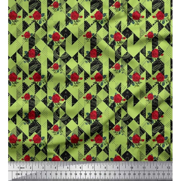 Soimoi Green Cotton Duck Fabric Geometric & Rose Floral Print Fabric by the Yard 42 Inch Wide