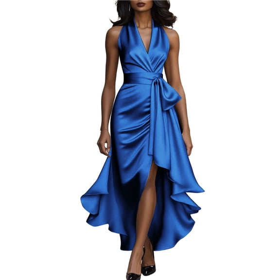 Zpanxa Solid Color Bodycon Evening Gown Women's Sleeveless V Neck Asymmetric Hem Dress with Ruffle Trim