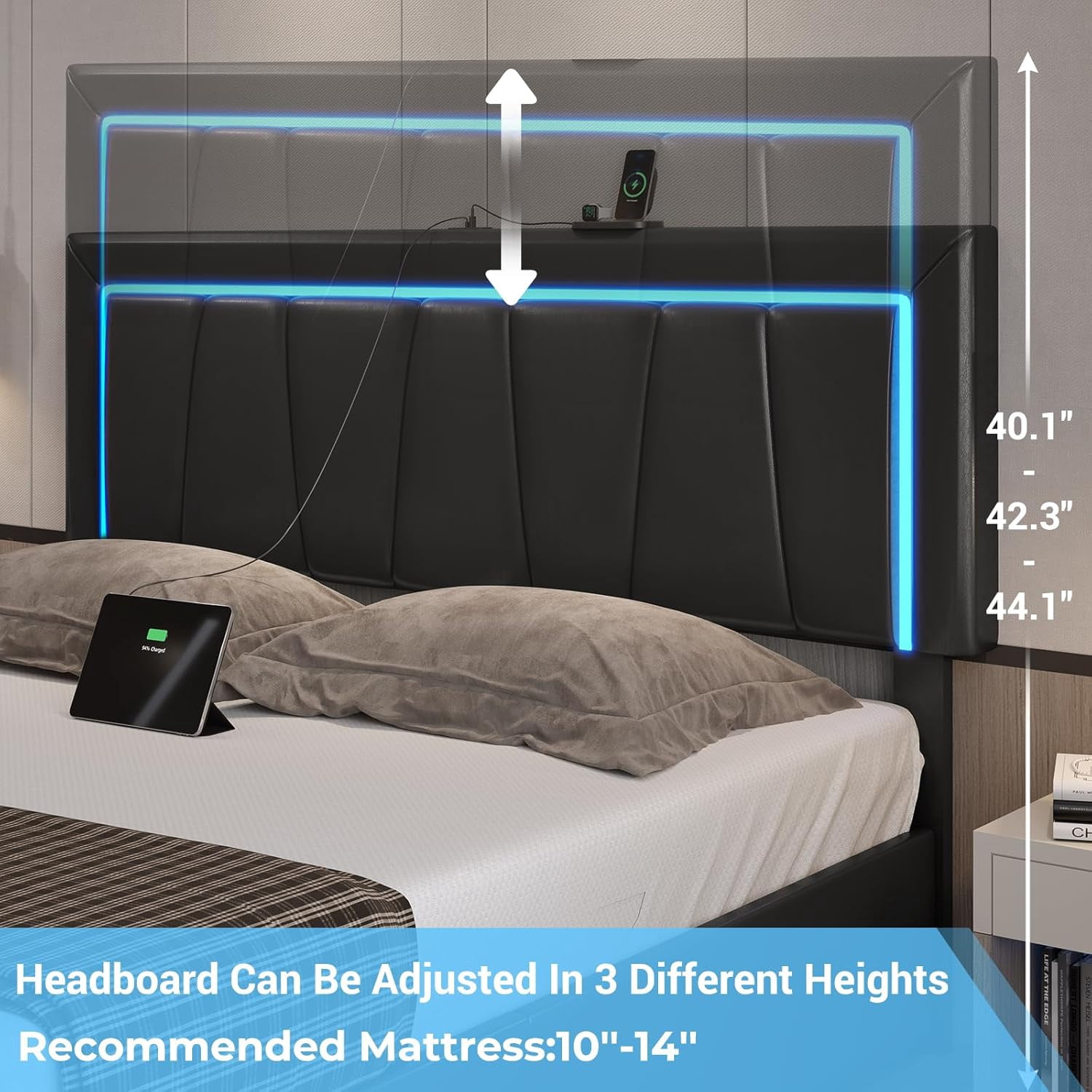 Aunfebrco LED Bed Frame California King Upholstered Platform Bed Frame with 4 Drawers&LED Lights&USB Ports, Cali King Storage Bed for Bedroom, No Box Spring Needed, Black