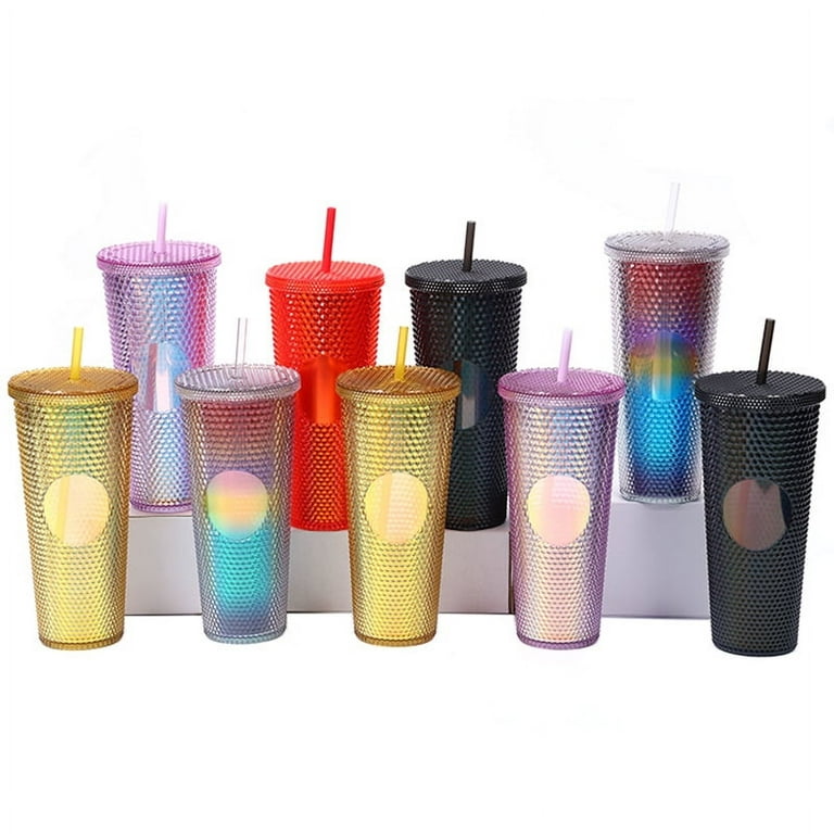 24oz/710ml Orange Studded Tumbler with Straw and Lid, Reusable Double Wall Studded Cup Iced Coffee Cups with Lids, BPA Free Acrylic Travel Tumbler