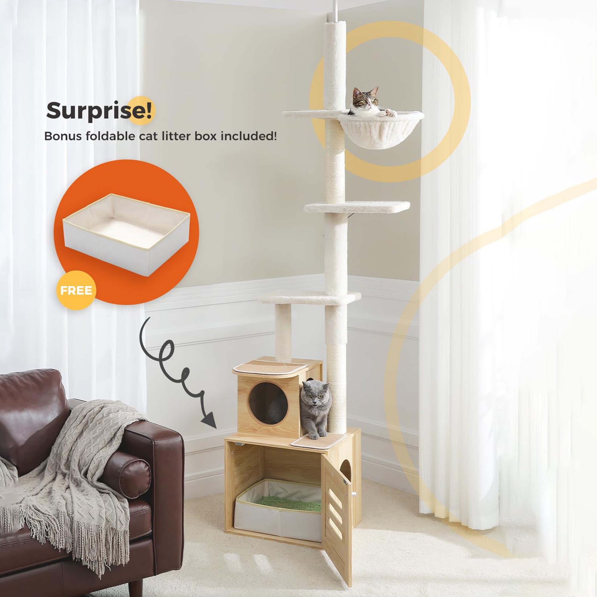 Kadyn 90"-110" Adjustable Height Cat Tree Tower Floor-to-Ceiling, Multi-Level Cat Activity Center, Cat Condo with Litter Box Enclosure, Beige