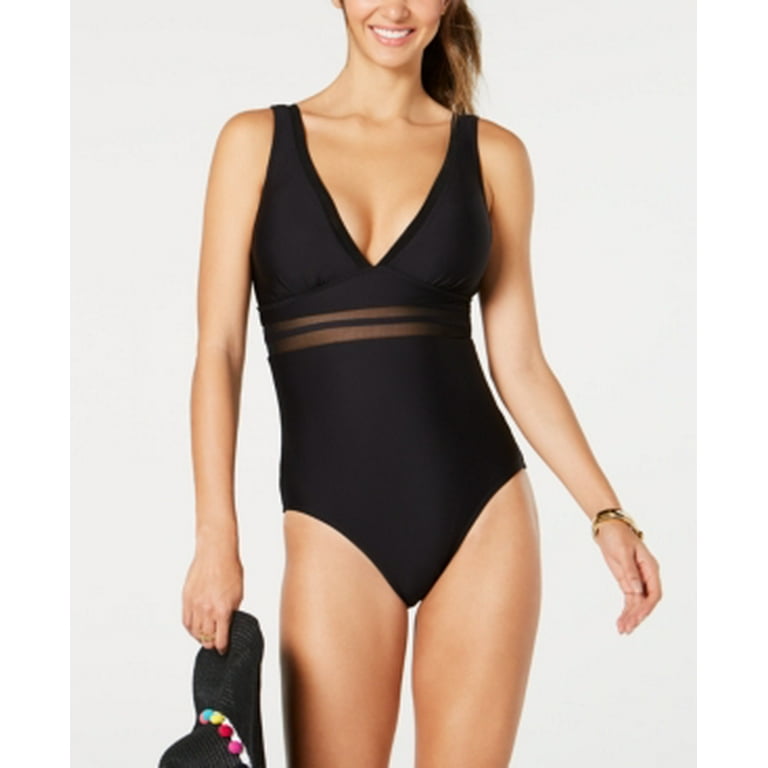 Tommy Hilfiger BLACK Mesh-Trim Plunge One-Piece Swimsuit, US - Walmart.com