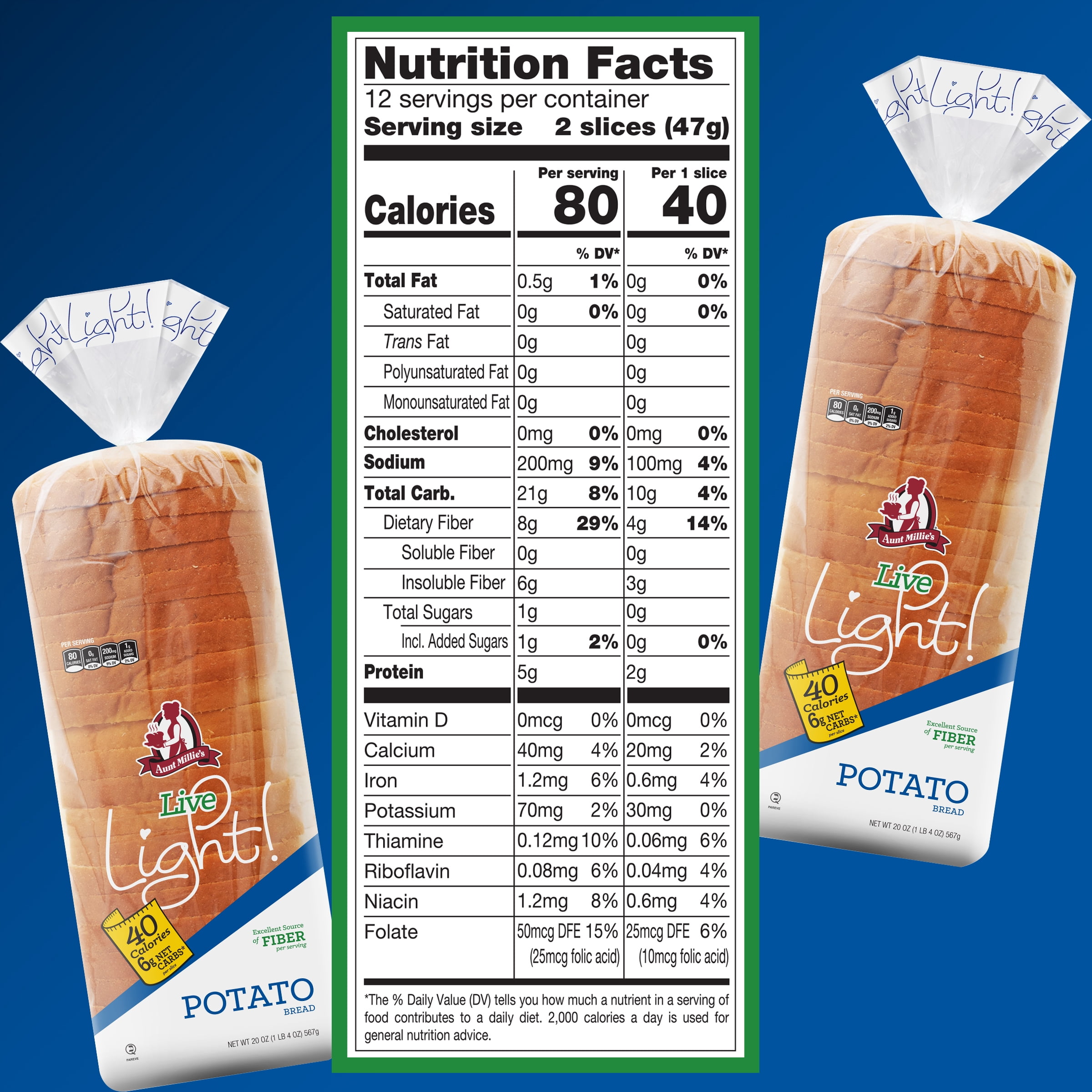Aunt Millie's Live Light! Potato Bread, 20 oz, 24 Ct