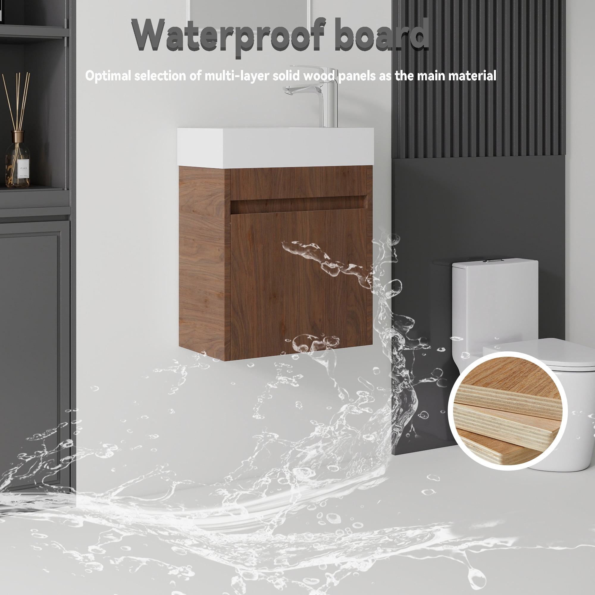Leumius 18" Floating Bathroom Vanity with Ceramic Sink,Modern Wall Mounted Basin Cabinet with Soft-Close Doors for Small Bathrooms,Brown