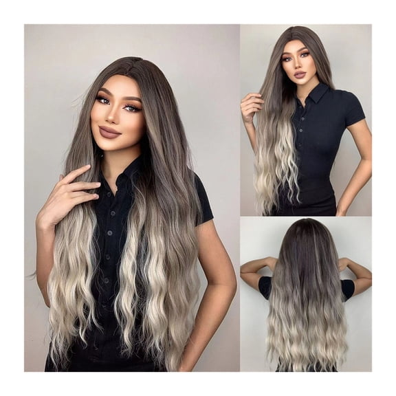 Long Wavy Curly Wig 30 Inch Ombre Brown Blonde Ash Wigs for Women Dark Roots Middle Part Synthetic Wig with Natural Hairline for Daily Party
