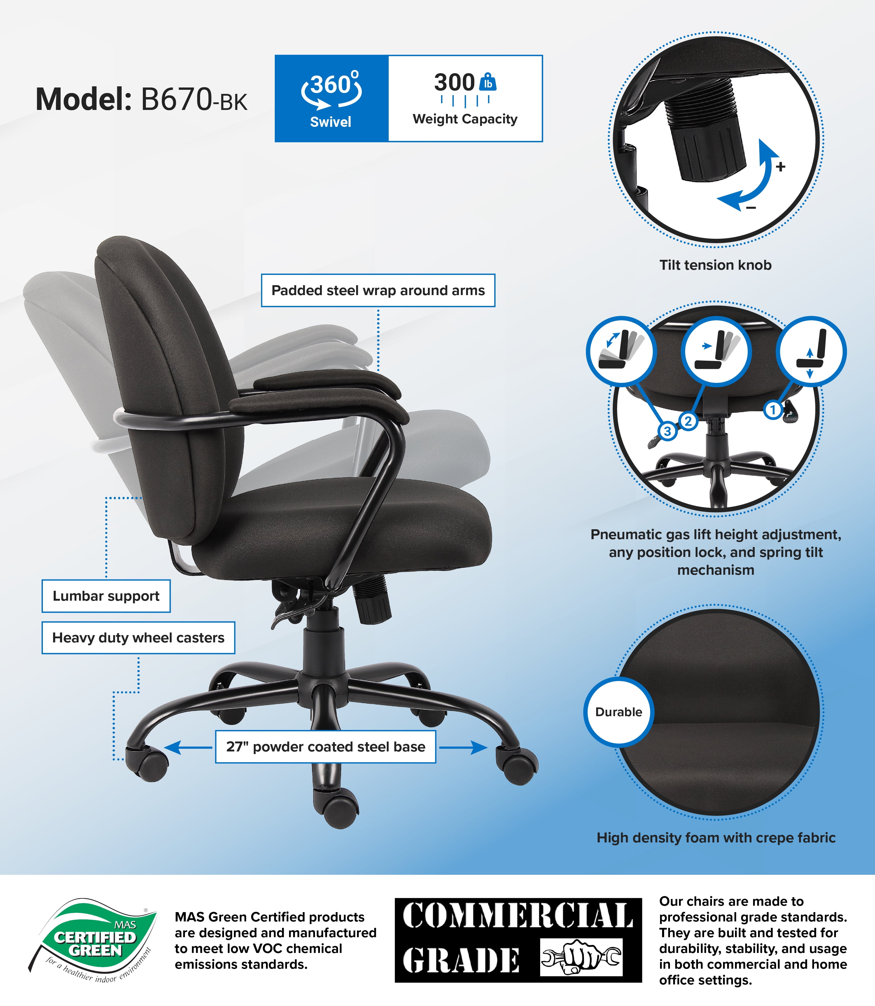Boss Office Products Microfiber Deluxe Posture Chair with Adjustable Arms, Blue/Black