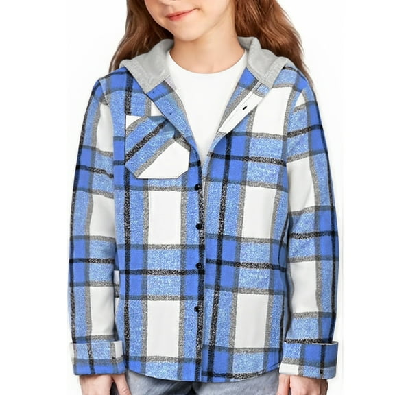 Long Sleeve Plaid Button Down Shirt for Girls with Hood Casual Flannel Top Single Chest Pocket Classic Fit Design