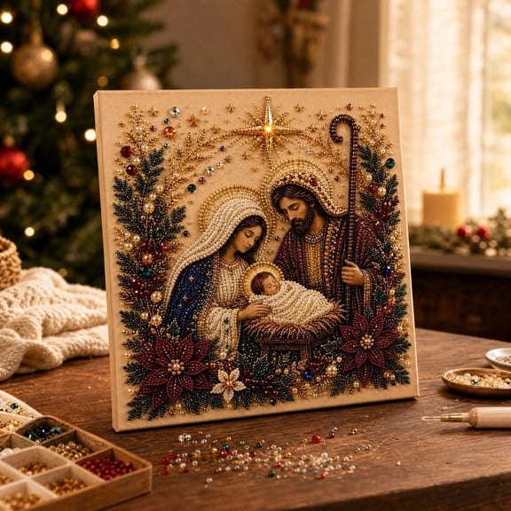 Religious Christmas Nativity Diamond Painting Kit Holy Family Pearl Bead Art Birth of Jesus 5D Resin Rhinestone Canvas Catholic Christian Wall Decor Spiritual Holiday Handmade Gift