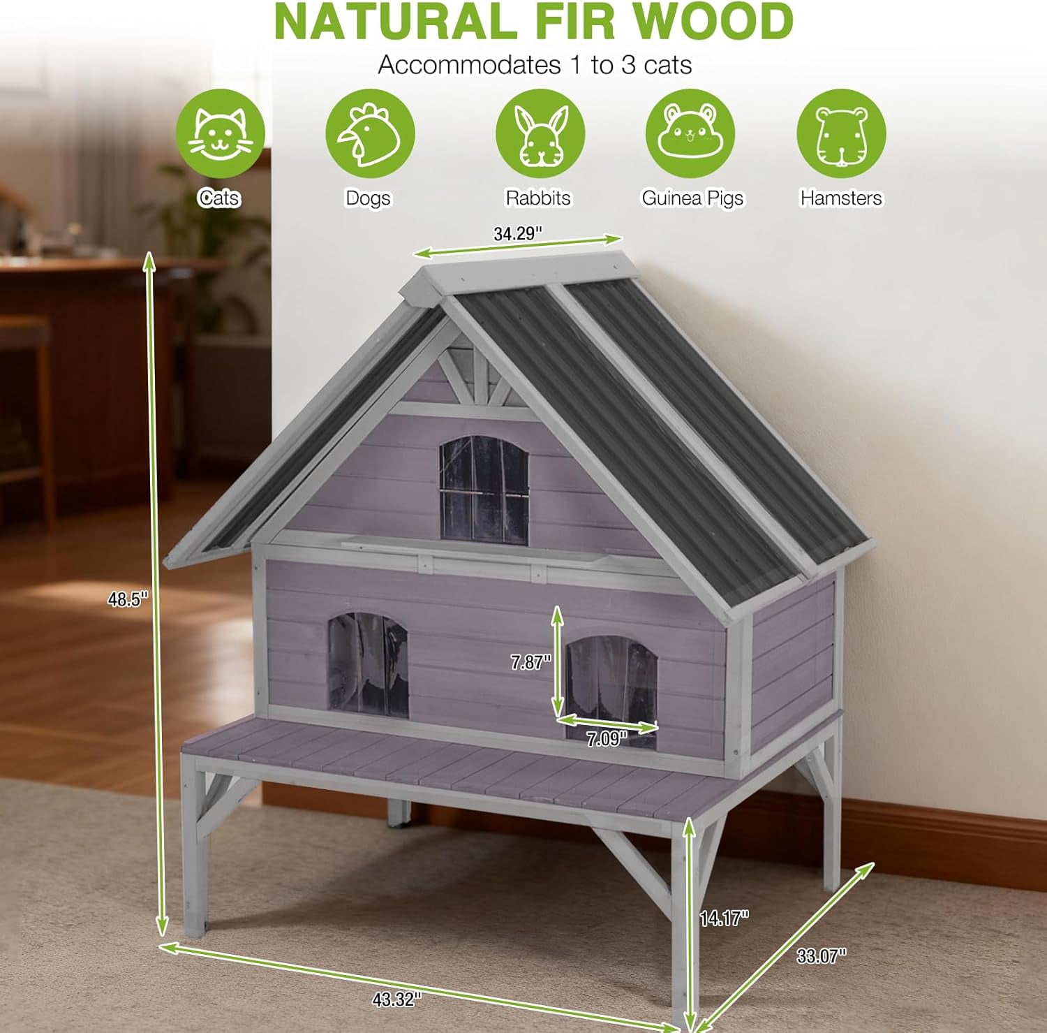Aivituvin Outdoor Cat House Weatherproof Large Feral Cat Shelter with 2-Layer, Wooden Cat Condo with Balcony, Escape Doors and Openable Back Door for Multiple Cats Indoor