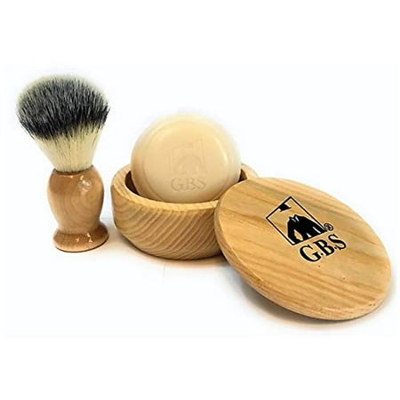 Bristle Shaving Brush (GBS Men's Wet Shave Kit Natural Beech Wood Set - Synthetic Hair Bristle Shave Brush + Beech Wood Shaving Soap Bowl Cup w/Lid Cover + Natural Shave Soap Compliments any)