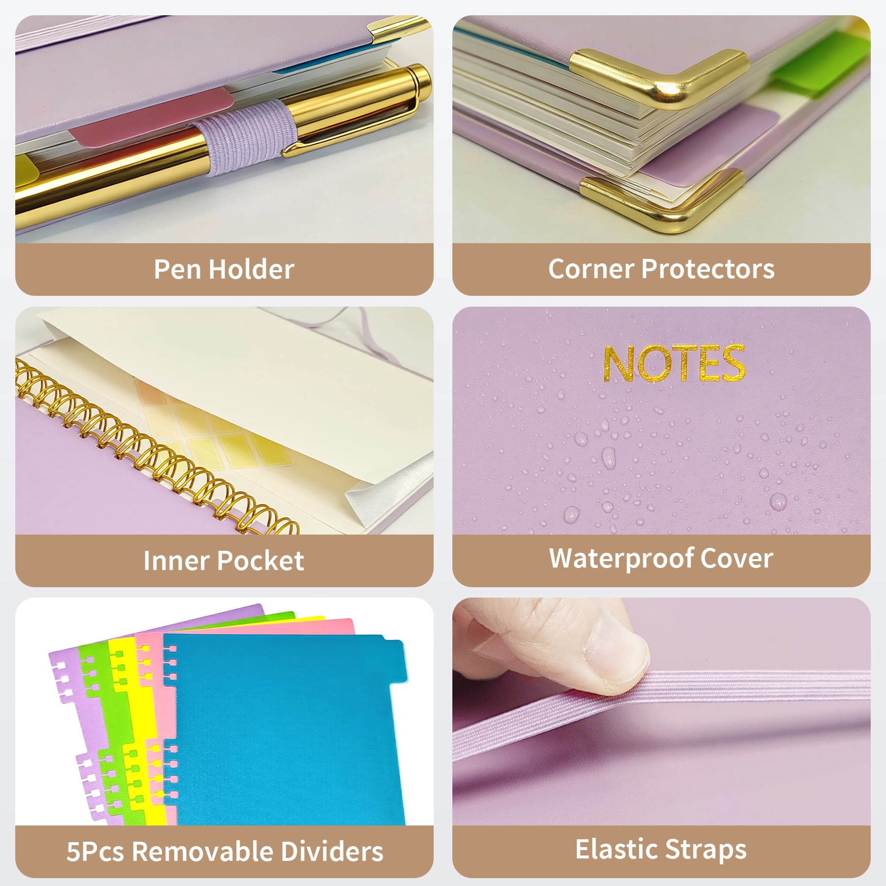 1Pack Hardcover Spiral Notebook with Tab, Ruler &  Removable Dividers, 300 Pages 8"x10" Large B5 Faux Leather Notebooks, 5 Subject Notebook College Ruled for Work, Home (Purple)