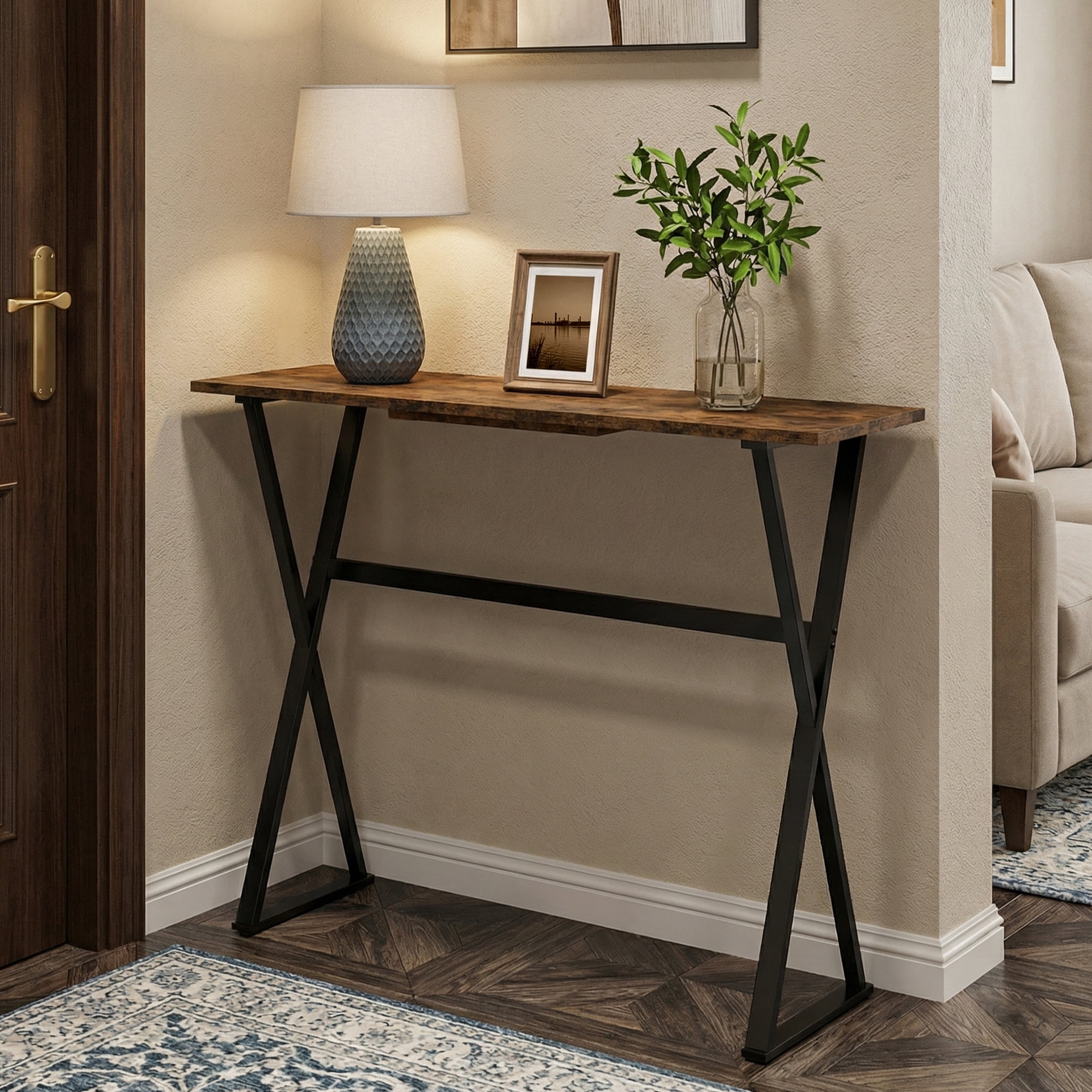 Manxile Industrial Console Table Set of 2, Wood Entryway Table Hallway Table Sofa Table for Living Room,Foyer and Corridor, Rustic Brown