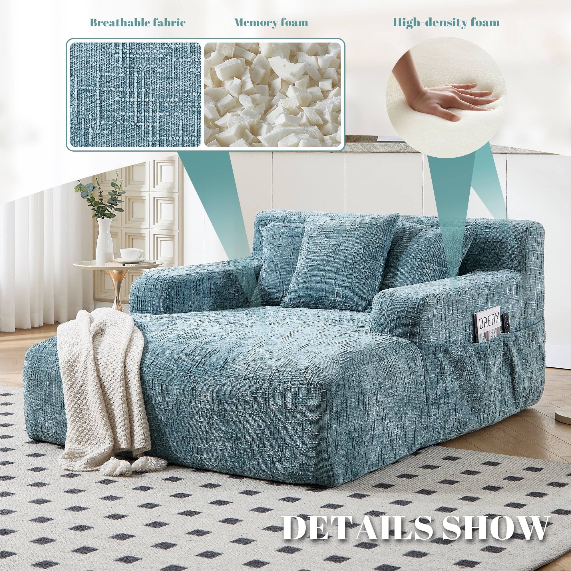 MOONMISS Chenille Upholstered Deep Seat Bean Bag Lazy Sleeping Sofa Chair with Three Pillows and Side Pocket-Mint Blue