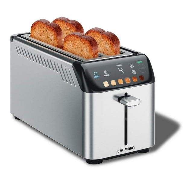Chefman Smart Touch 4 Slice Digital Bread Toaster, 6 Shade Settings, Bagel Mode - Stainless Steel, New