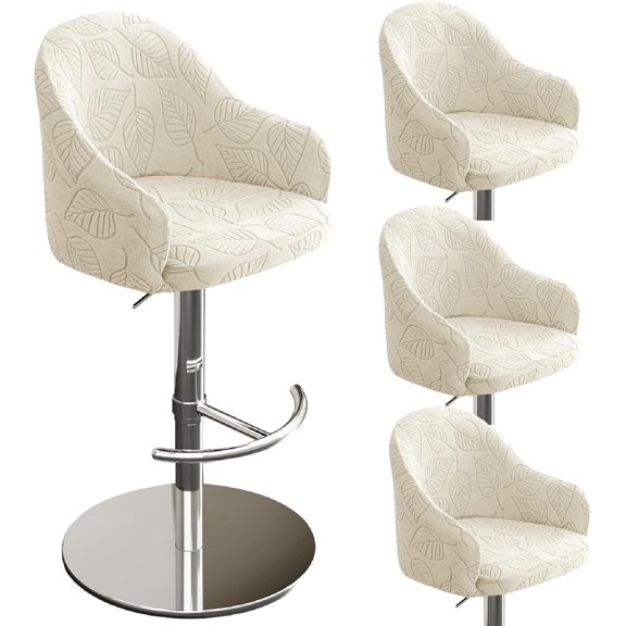 Bar Stool Covers, Swivel Chair Covers with Round Backs,Elastic Jacquard Short Back Chair Cover, Arms Curved Accent Counter Bar Stool Cover with Backs for Armchair,Kitchen Island(White,4pcs)