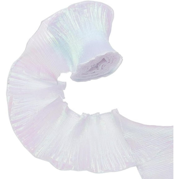 10 Yards Ruffle Pleated Chiffon Trim Organza Ruffled Lace Trimming Tulle Fabric Applique Trim Organza Gradient Iridescent White for Craft Sewing Bag Dress Decoration