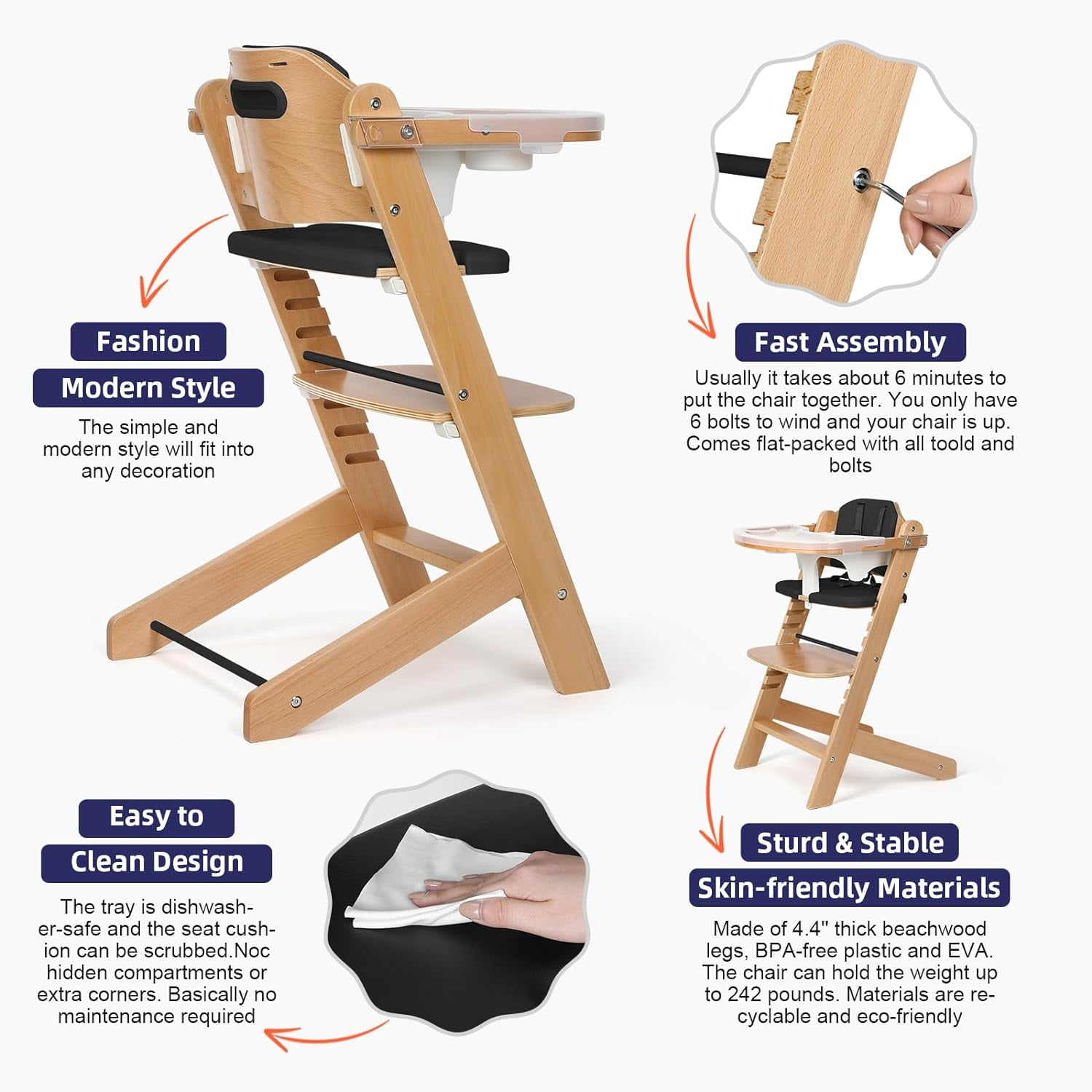 Cowiewie Wooden High Chair with 3 Tray, Toddler Feeding High Chair, 8 Height Adjustments, with Black Cushion and Harness