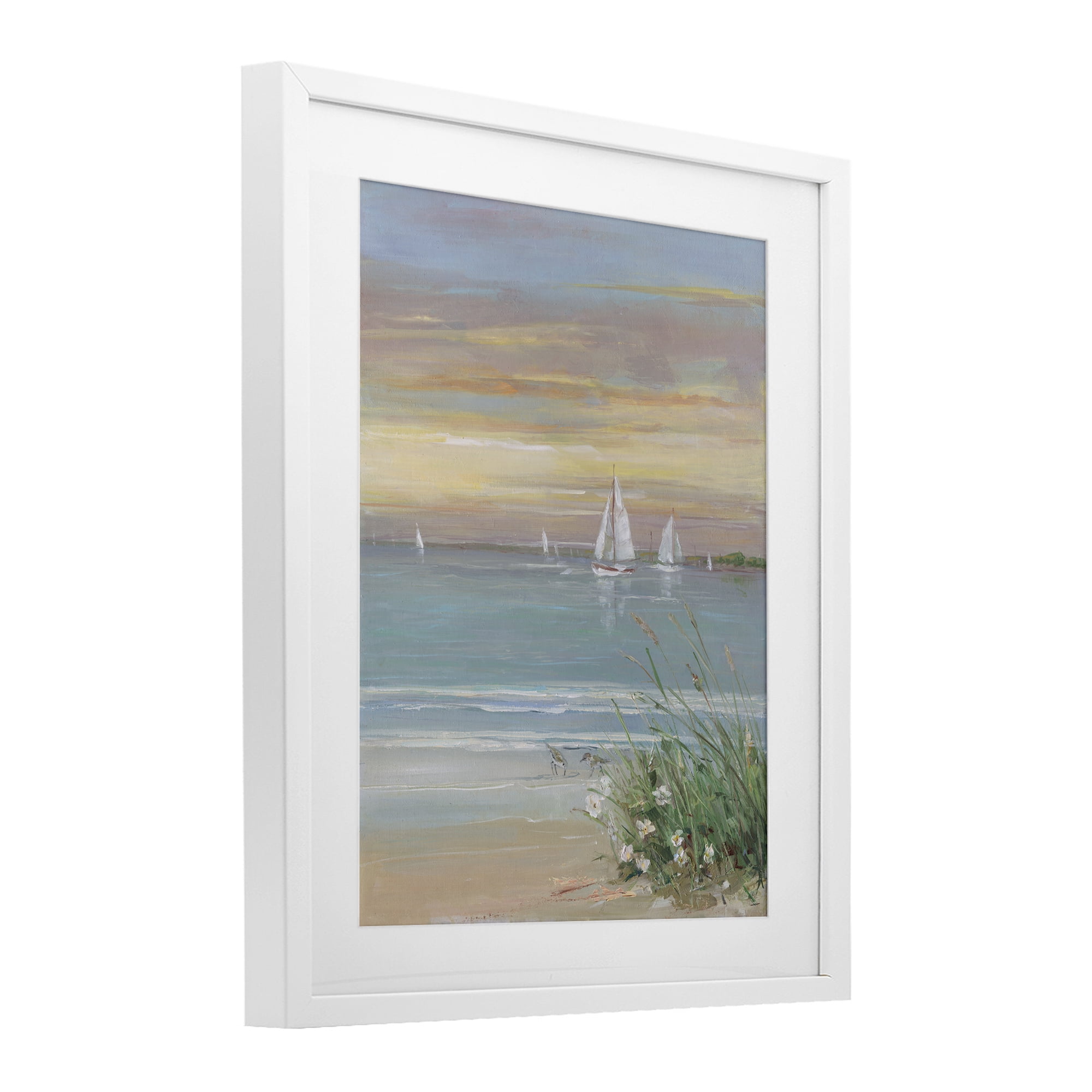Stupell Industries Sailboats Beyond Sandy Shore White Framed Print Under Glass, design by Sally Swatland