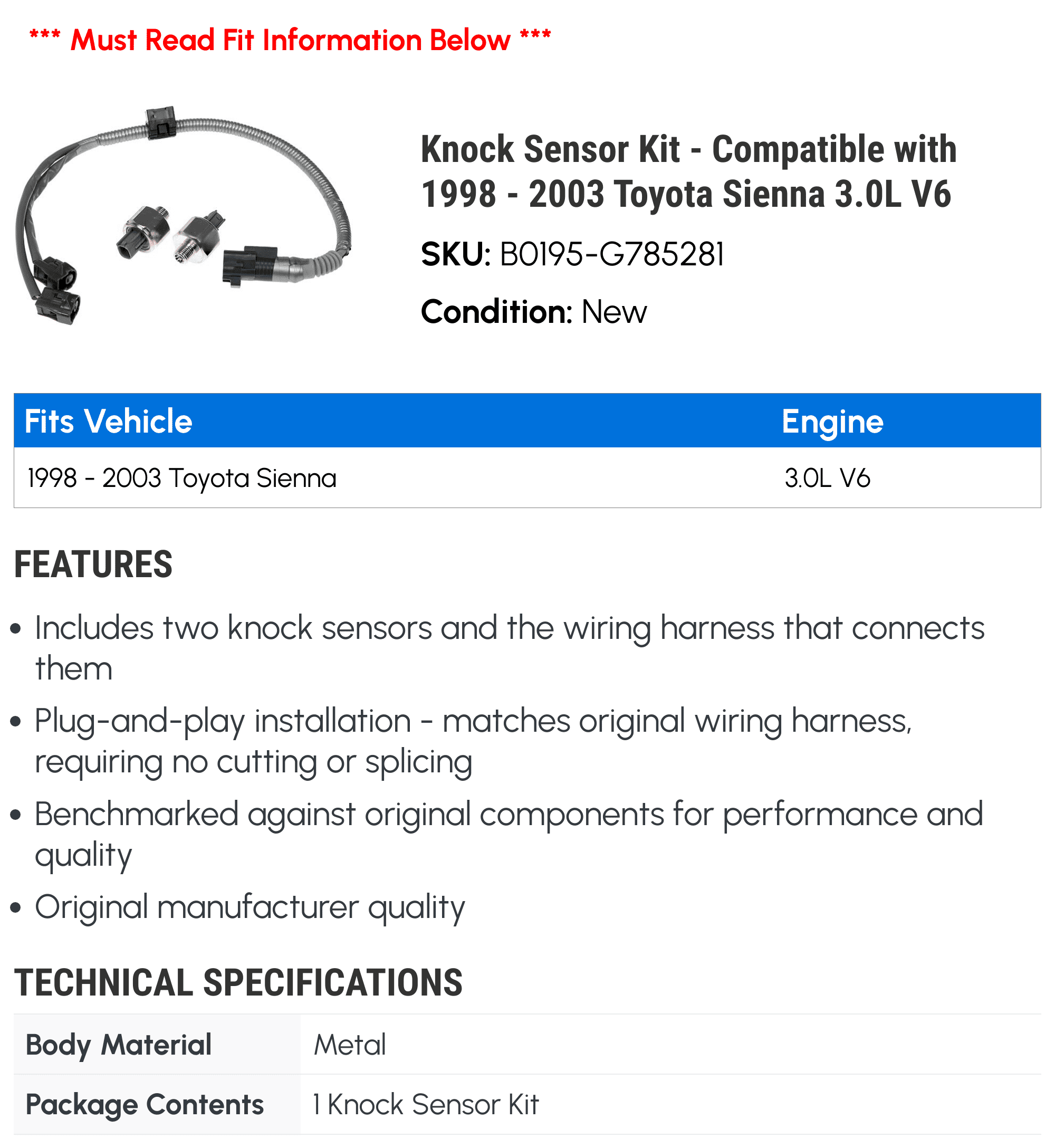 Knock Sensor Kit - Compatible with 1998 - 2003 Toyota Sienna 3.0L V6 1999 2000 2001 2002