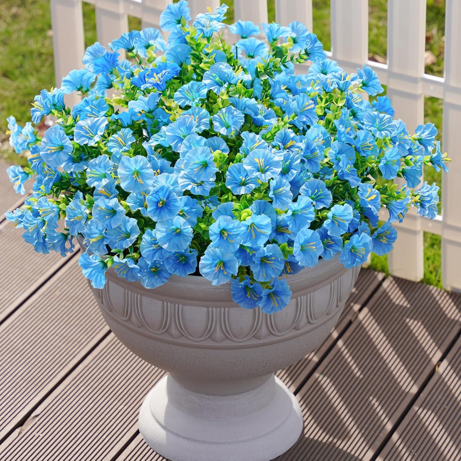 Artificial Fake Outdoor Plants Flowers for Summer Decoration, 12 Bundles Silk Blue Morning Glory Eucalyptus Realistic UV Resistant Faux Flowers for Outside Planter Front Door Porch Garden Yard Patio