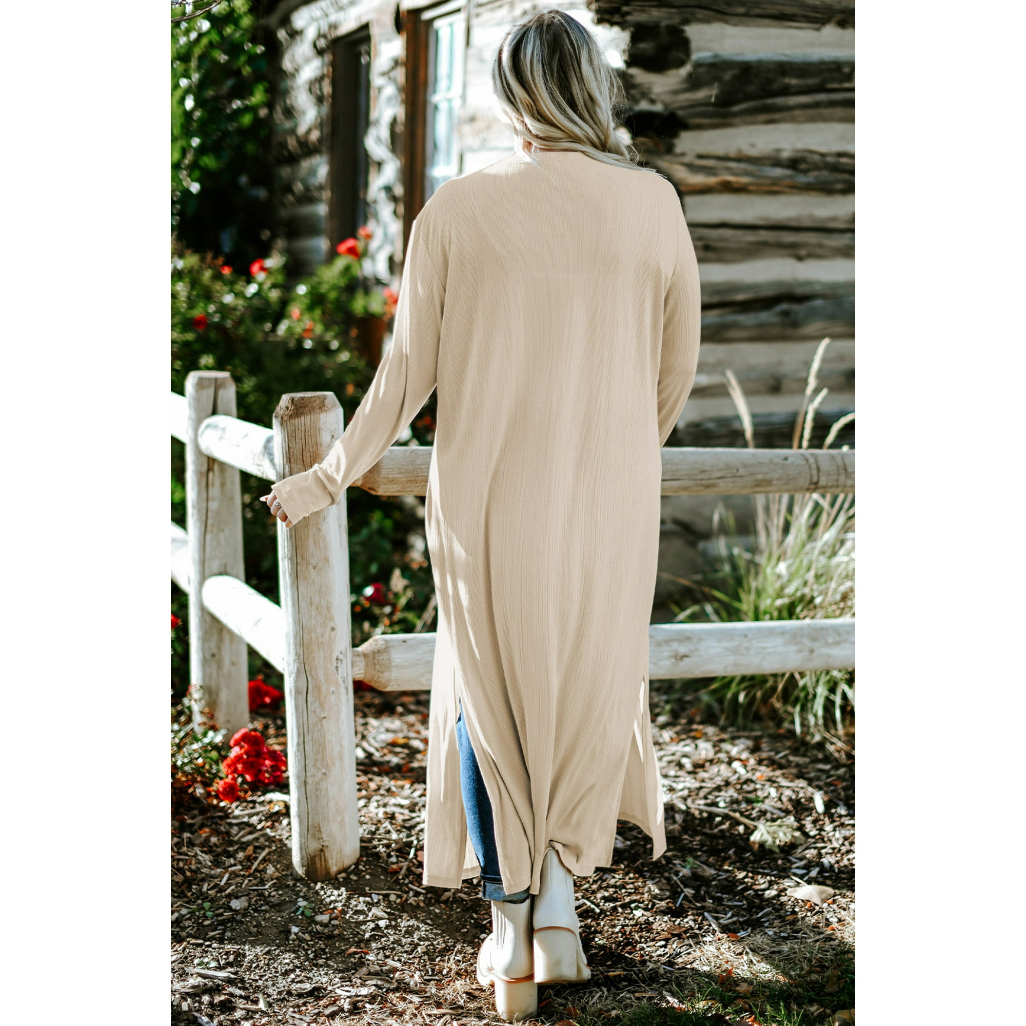 Poglip Women s Beige Plus Size Ribbed Long Open Front Cardigan
