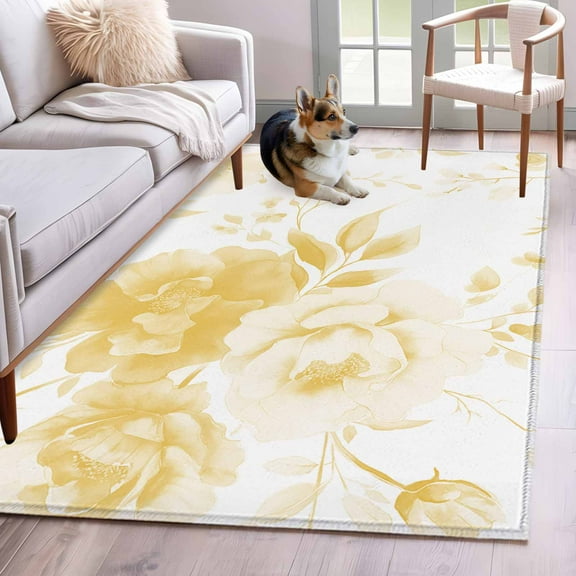 Yellow Floral Art Area Rug 4x6 Washable Rug Non Slip Watercolor Botanical Spring Flowers Large Area Rug Indoor Floor Carpet for Entryway Bedroom Kitchen Living Room Home Office Dining Room Nursery