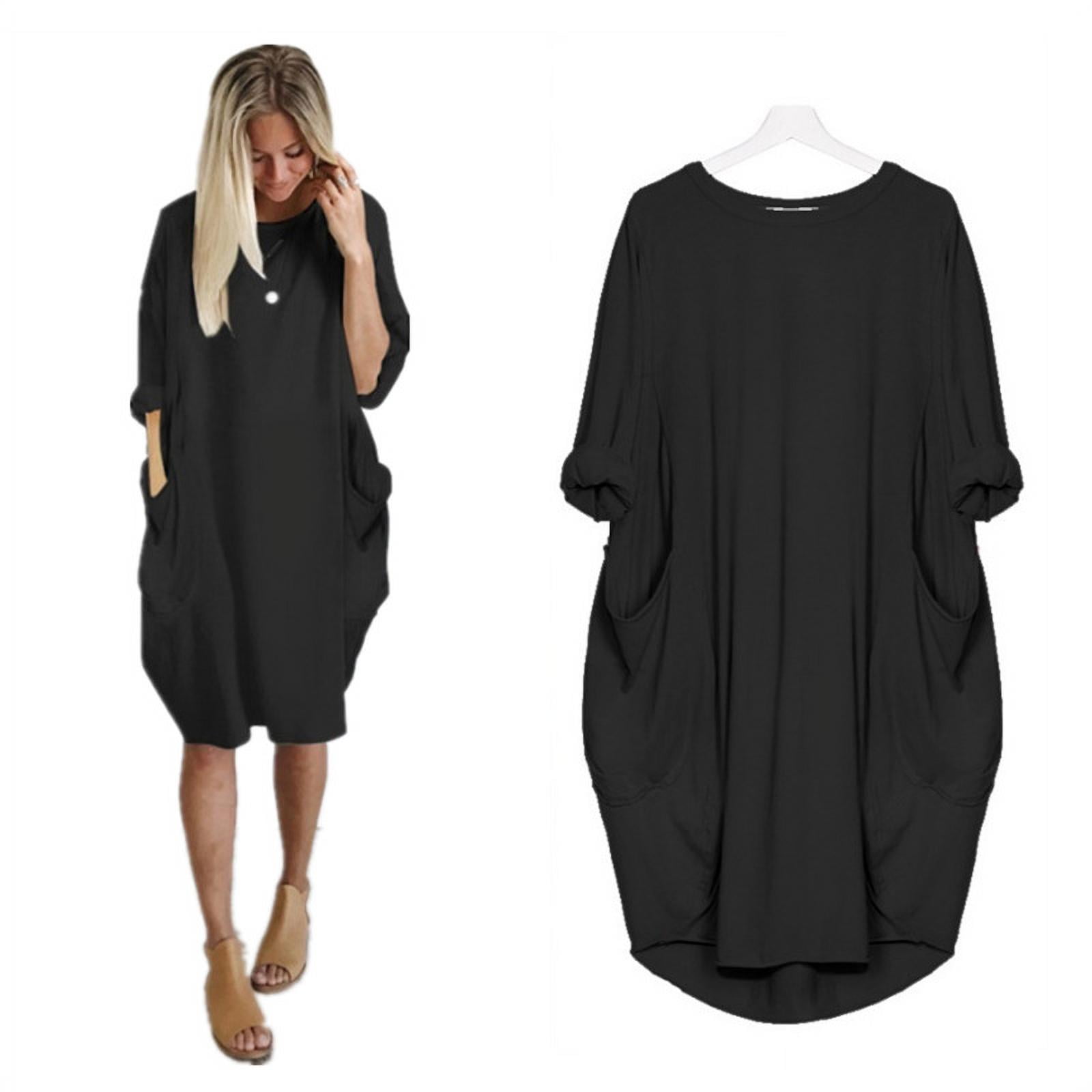 Women's Short-Sleeved Round-neck Autumn And Winter Loose Pocket Solid Color Dress