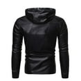 thumbnail image 3 of VSSSJ Men's Casual Leather Jacket with Drawstring Hooded Relaxed Fit Solid Color Long Sleeve Zip Up Youth Coats Leisure Outdoor Windproof Jackets Black XXL, 3 of 5