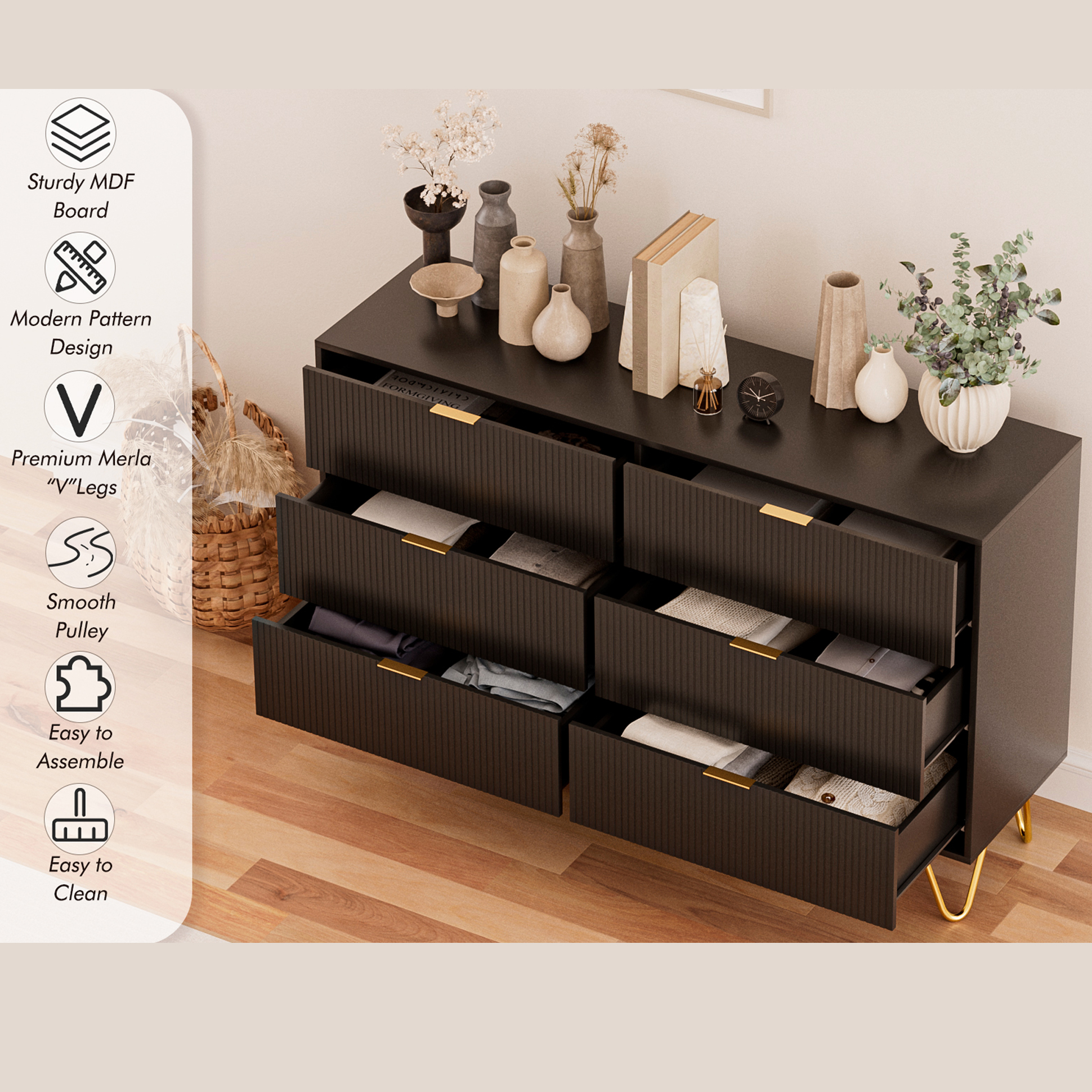 Space-Saving 6-Drawer Dresser Cabinet - Modern Black Vertical Grain Storage for Bedroom, Living Room & Entryway