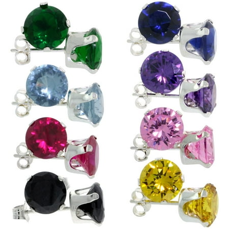 Ruby Emerald Coral Garnet Pearl (8-Pair Set Sterling Silver Color Cubic Zirconia Stud Earrings 7 mm Emerald, Blue Sapphire, Blue Topaz, Amethyst, Ruby, Pink, Black & YellowZircon, Black & Yellow)