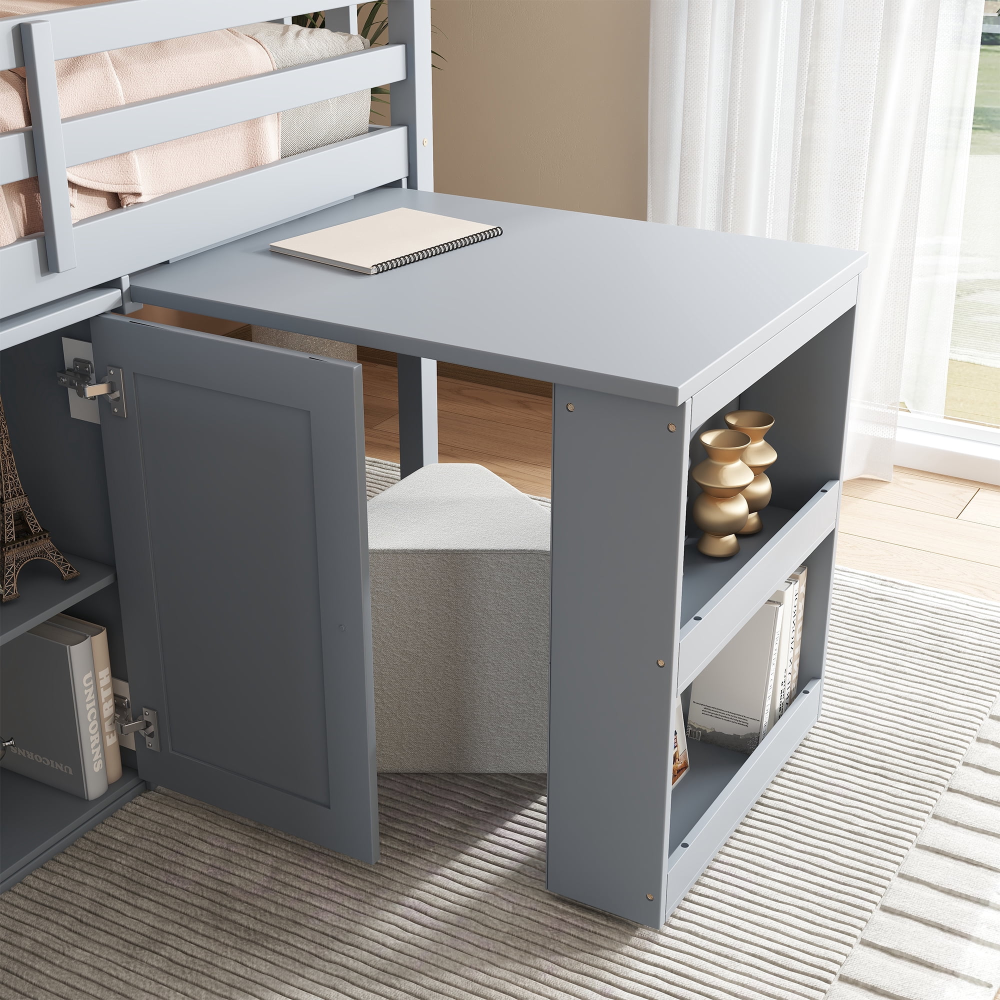 Sailvan Twin Loft Bed with Storage Cabinet, Drawer and Shelf Cabinet and Pulling-Out Desk