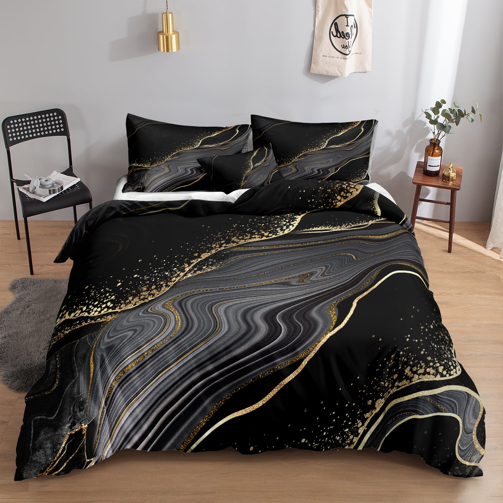 Move Over Black Gold Marble Bedding Sets King Abstract Marble Duvet ...
