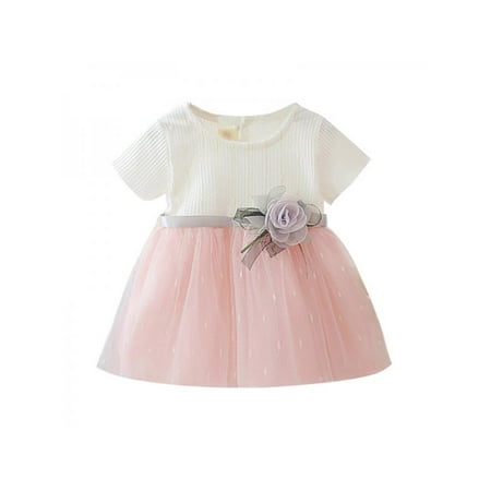 

Lemetow Children Summer Girls Cotton Cute Mesh Stitching Bottoming Short Sleeve Sweet Princess Dress