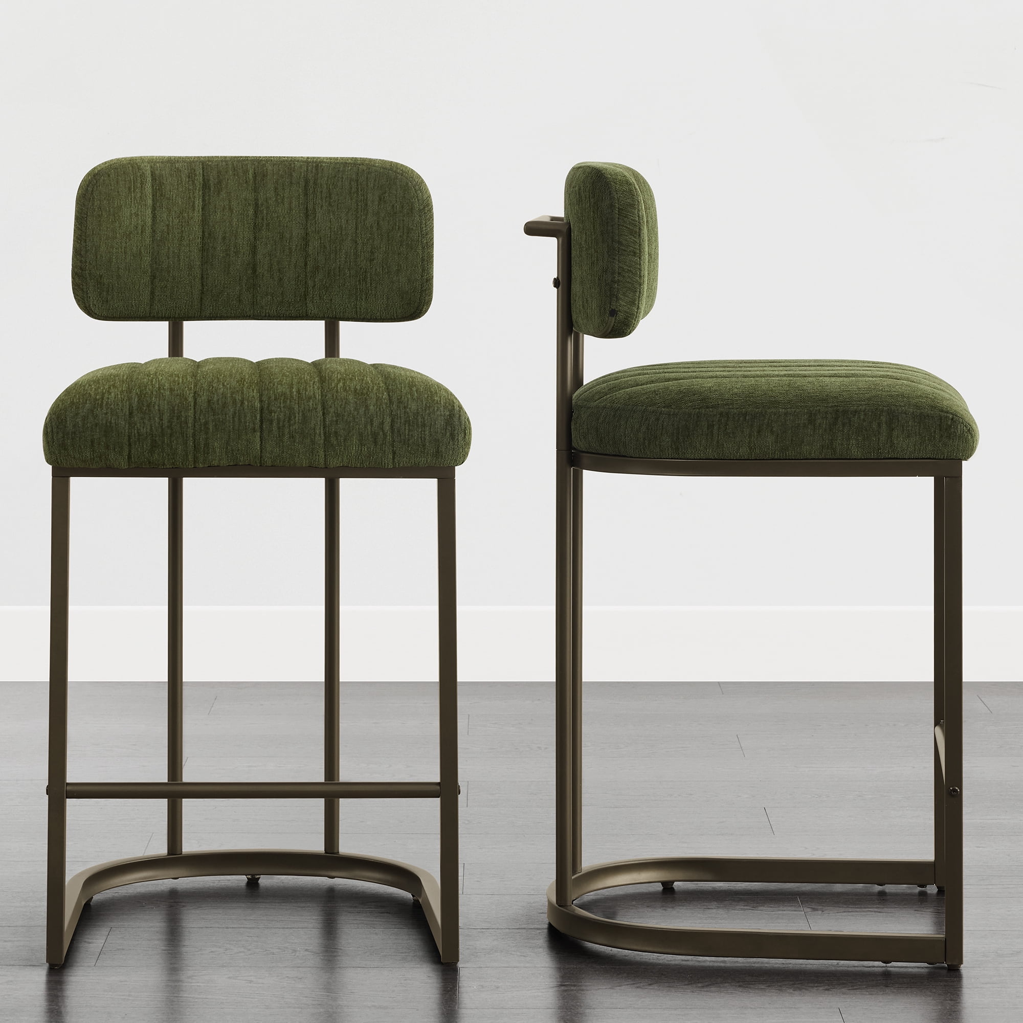 Spruce & Spring 30.5" Swivel Bar Stools Set of 3, Upholstered Bar Chairs with Curved Back & Channel Tufting, Metal Base for Kitchen Island & Home Bar, Green