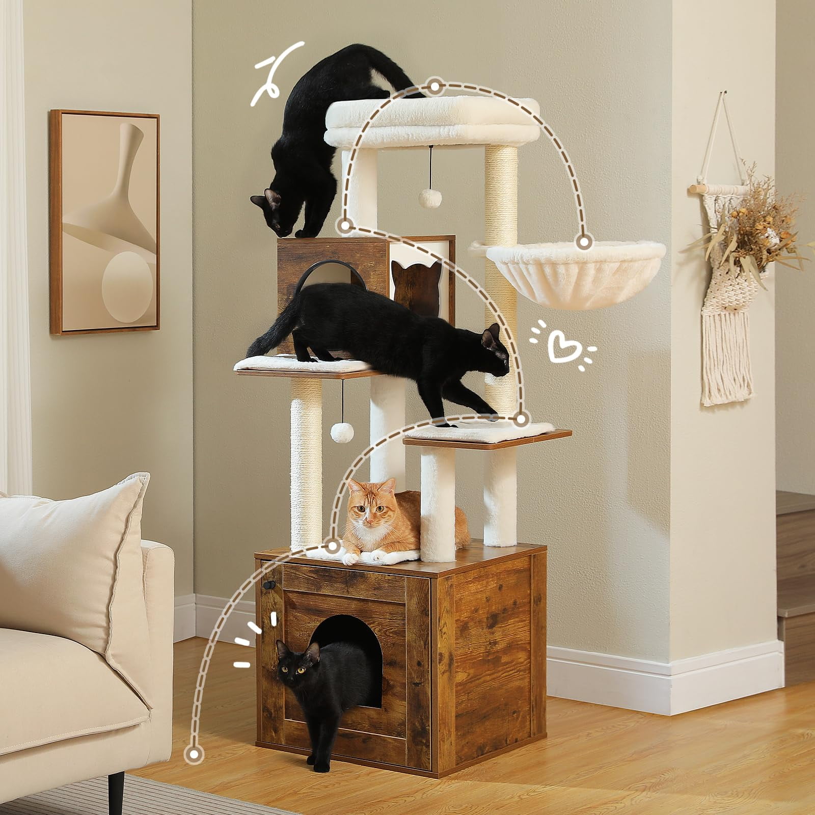 Tall Cat Tree with Litter Box Cabinet, 57.5 Inch Wooden Cat Tower for Large Cats, Multi-Level Scratching Posts, Hammock Bed, Perch & Enclosed Condo, Wood Walnut