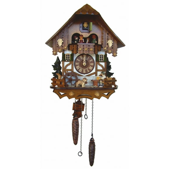 Quartz Cuckoo Clock Black Forest house with moving beer drinker and mill wheel